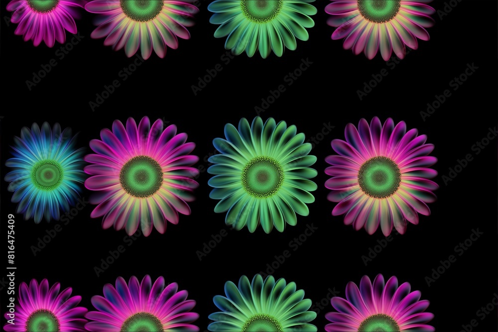 Seamless Pattern of Neon Gerbera Daisies in Vibrant Gradients on Black Background Seamless Pattern of Neon Gerbera Daisies in Vibrant Gradients on Black Background