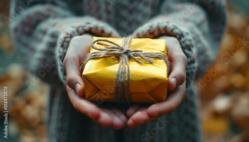 Closeup of hands displaying a beautifully wrapped gift, representing the generosity of national give something away day