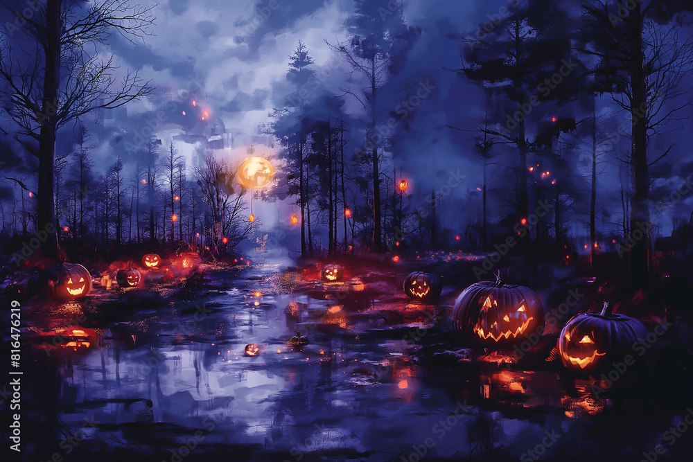 Jack O' Lanterns In Graveyard In The Spooky Night. Artistic painting concept of Pumpkin Halloween background. Jack O' Lanterns In Graveyard In The Spooky Night. Artistic painting concept of Pumpkin Halloween background.