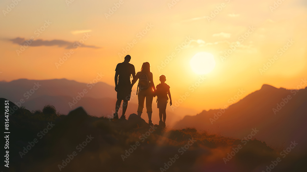 Silhouettes of a singleparent family on a sunset in the mountains : Generative AI