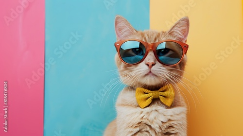 Cute cat with sunglasses and bow on colored background