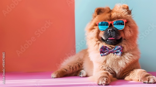cute chow chow wearing bowtie and sunglasses panting and resting on colored background photo