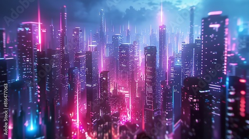 Futuristic cityscape with towering skyscrapers  neon lights and advanced technology