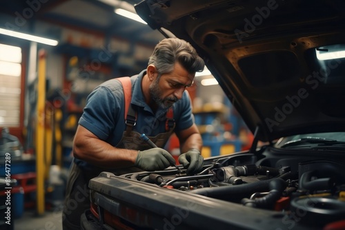Mechanic repair car engine in garage