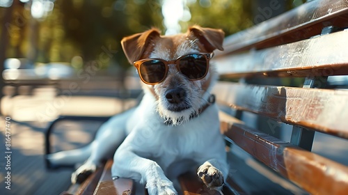 Funny dog with sunglasses on the bench