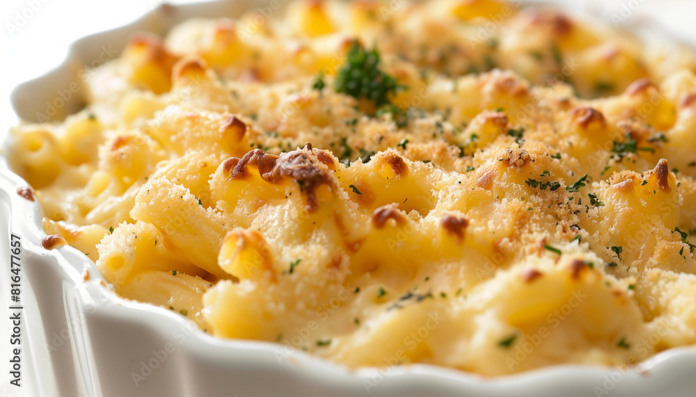 Closeup photo of a freshly baked macaroni and cheese with a goldenbrown crust, topped with herbs, in honor of national mac and cheese day Closeup photo of a freshly baked macaroni and cheese with a goldenbrown crust, topped with herbs, in honor of national mac and cheese day