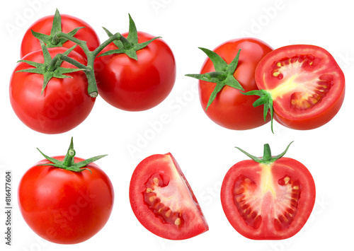 bunch of fresh red tomatoes, half and slices tomatoes isolated, transparent PNG, PNG format, cut out, collection, set