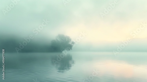 Misty riverbank at dawn, soft colors and gentle fog enveloping the landscape with a serene atmosphere