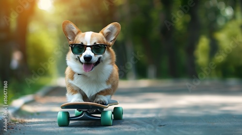 Fototapeta Naklejka Na Ścianę i Meble -  portrait cute corgi dog puppy riding on a board skateboarding in a summer sunny park walking in a sunny park in fashionable sunglasses