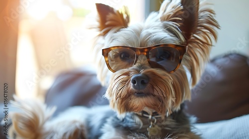 Portrait of a cute yorkshire terreir dog at home wearing sunglasses © Bonnie