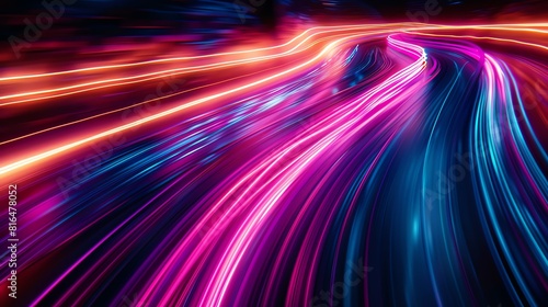 Neon light trails  dynamic and colorful abstract lines against a dark background