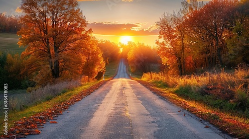 Quiet countryside road, lined with trees in full autumn colors and a warm sunset photo