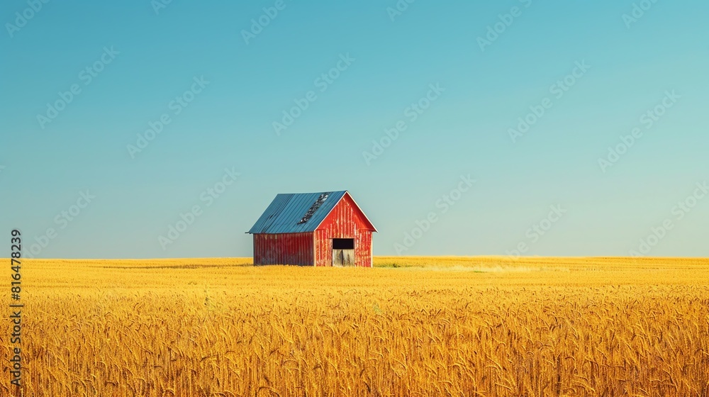 Rustic barn in a golden wheat field under a clear blue sky, calm rural setting with detailed textures Rustic barn in a golden wheat field under a clear blue sky, calm rural setting with detailed textures