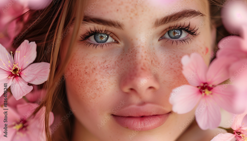 Closeup portrait of a young woman with freckles, surrounded by soft pink blooms, embodying tranquil beauty and harmony with the natural world on a sunny day