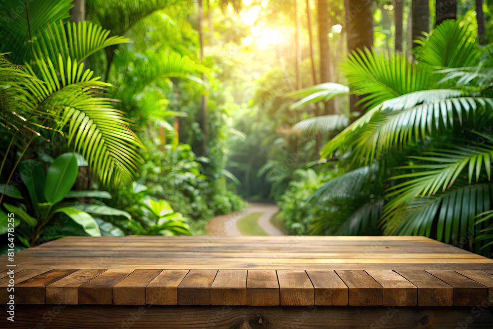 Table top wood counter floor podium in nature outdoors tropical forest garden blurred Table top wood counter floor podium in nature outdoors tropical forest garden blurred