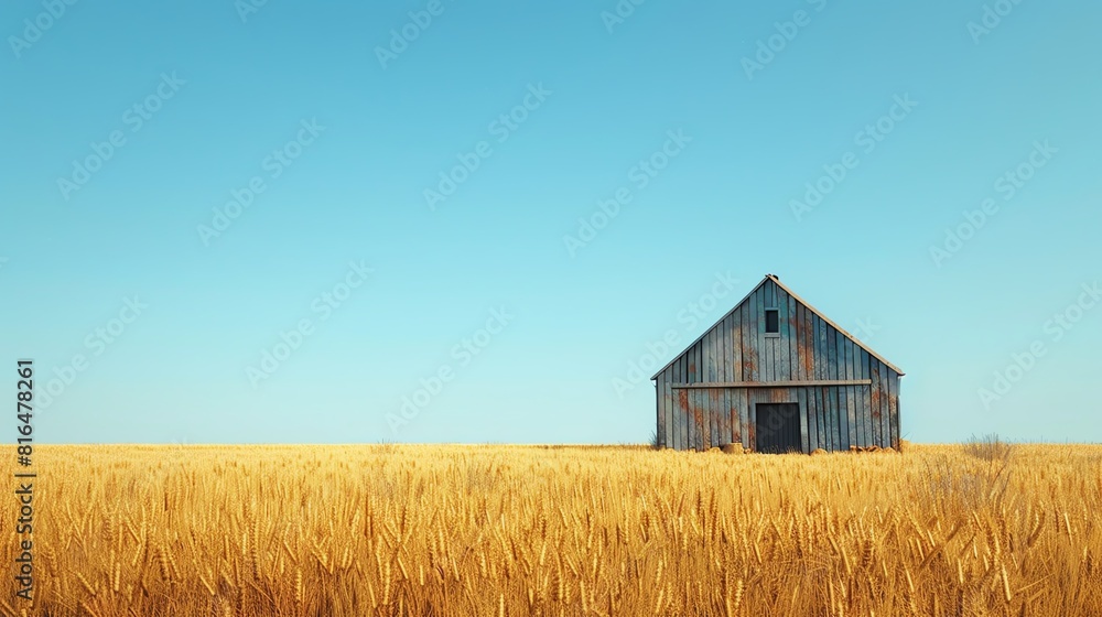 Rustic barn in a golden wheat field under a clear blue sky, calm rural setting with detailed textures