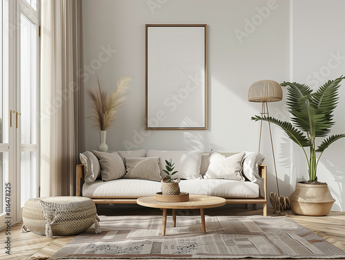 Wohnraum mit leeren Holzrahmen zum einsetzen von eigenen Bildern für Werbung und Darstellung des Designs. photo