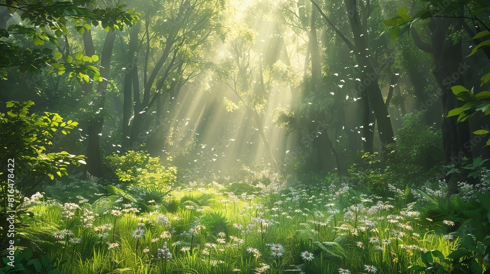 Fototapeta premium Serene forest with sunlight filtering through dense trees, creating a mystical ambiance, lush green foliage and scattered wildflowers