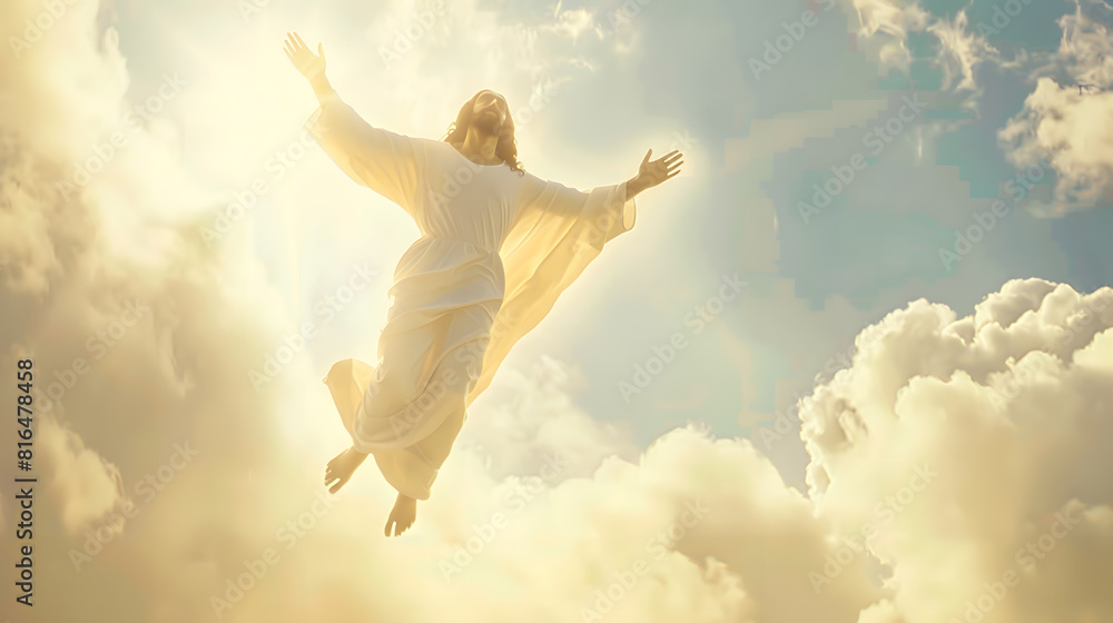The resurrected Jesus Christ ascending to heaven above the bright light sky and clouds and God Heaven and Second Coming concept : Generative AI The resurrected Jesus Christ ascending to heaven above the bright light sky and clouds and God Heaven and Second Coming concept : Generative AI
