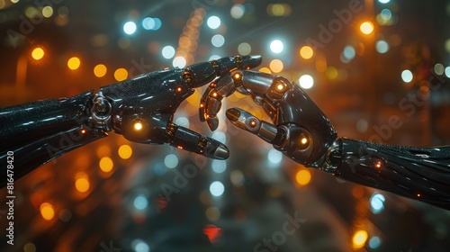 Human and robot hands reach out to each other, fingertips almost touching, in a dark scene with soft bokeh light in the background photo