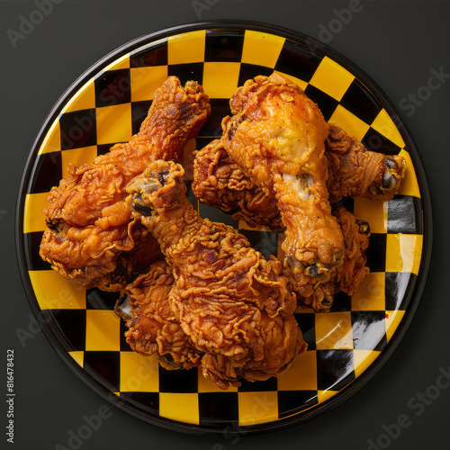 Fried chicken, perfectly cooked and golden brown, presented on an elegant black and yellow plate.