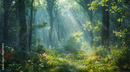 Serene forest with sunlight filtering through dense trees  creating a mystical ambiance  lush green foliage and scattered wildflowers