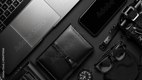 Workplace of business. modern male accessories and laptop on black background  photo