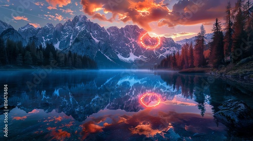 Serene mountain lake at dawn  crystal clear water reflecting snow-capped peaks and a vibrant sky