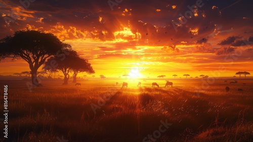 African sunset over a vast savanna  with silhouettes of acacia trees 