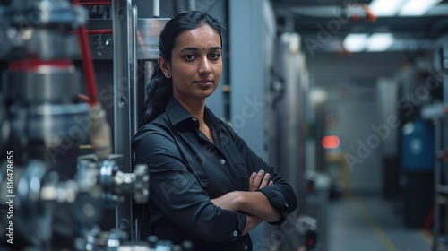 an Indian female engineer leaning against a sleek 