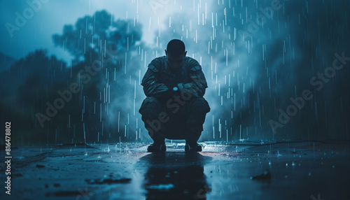 Poignant image capturing a lone figure reflecting in the rain, symbolizing the contemplation and struggle on national ptsd awareness day against a somber, atmospheric backdrop