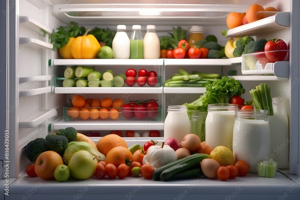 Healthy food concept. Open fridge full of fresh fruits and vegetables, healthy food background, organic nutrition, health care, dieting concept Healthy food concept. Open fridge full of fresh fruits and vegetables, healthy food background, organic nutrition, health care, dieting concept