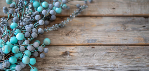 Aqua and grey berries on rustic wood craft a patriotic Memorial Day scene.