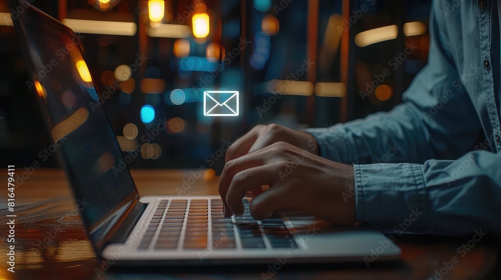 A businessman in a modern workspace, utilizing his laptop to send emails to customers and contacts, with the email icon serving as a visual cue for efficient digital communication. A businessman in a modern workspace, utilizing his laptop to send emails to customers and contacts, with the email icon serving as a visual cue for efficient digital communication.
