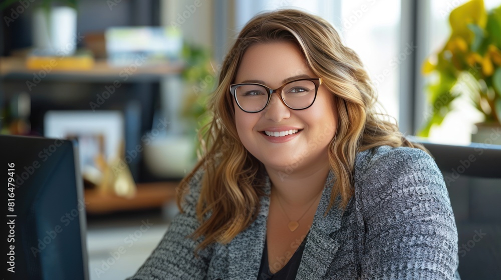 a smiling chubby woman with glasses, a smiling chubby woman with glasses,