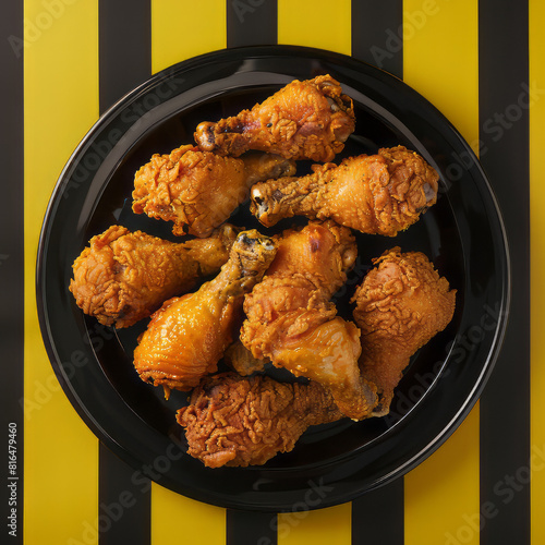 Fried chicken, perfectly cooked and golden brown, presented on an elegant black plate.