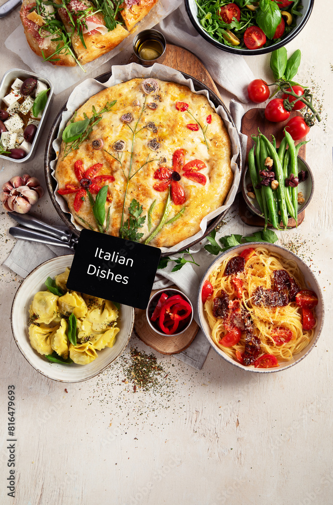 Assortment of Italian dishes. Traditional italian cuisine concept. Assortment of Italian dishes. Traditional italian cuisine concept.