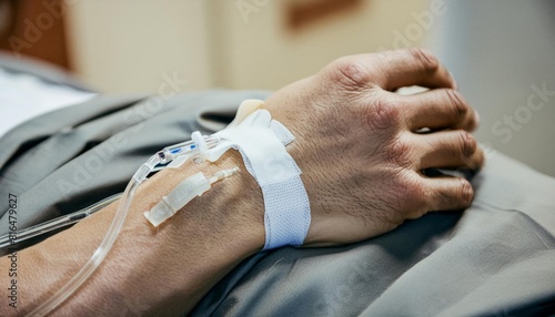 A man's hand is being given an IV drip photo