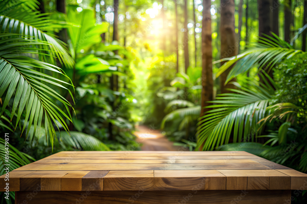 wood counter floor podium in nature outdoors tropical forest garden blurred green jungle plant background.natural product present placement pedestal stand display wood counter floor podium in nature outdoors tropical forest garden blurred green jungle plant background.natural product present placement pedestal stand display