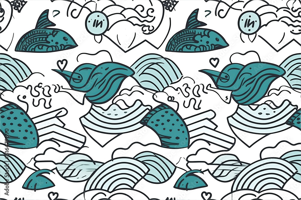 Fototapeta premium Minimalist Line Art Seamless Pattern with Playful Fish and Birds