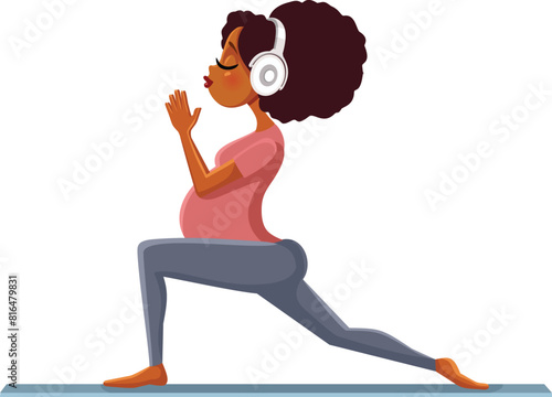 Young Woman Exercising Listing to Music Vector Cartoon Illustration. Happy mother to be relaxing before childbirth
