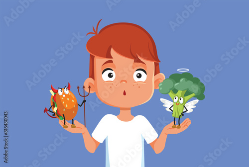 Boy Making a Choice between Healthy and Unhealthy Food Vector. Funny kid feeling undecided about what to eat to stay healthy
