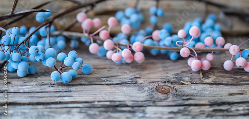 Refined Memorial Day display with blush and cerulean berries on a rustic plank.