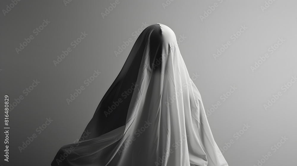 Silhouette of ghost behind fabric against light grey background Black and white effect : Generative AI Silhouette of ghost behind fabric against light grey background Black and white effect : Generative AI