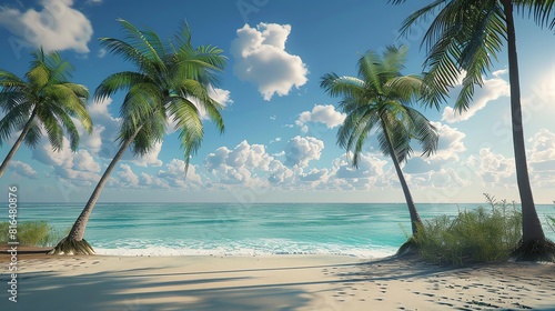 Amazing beach with white sand and palm trees. The water is crystal clear and blue. The sky is blue and cloudy. The sun is shining.