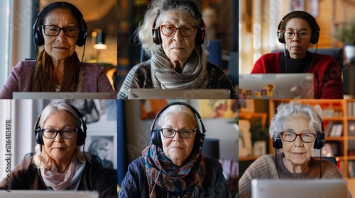 senior women from diverse backgrounds and ethnicities, all using computers and wearing headphones. 