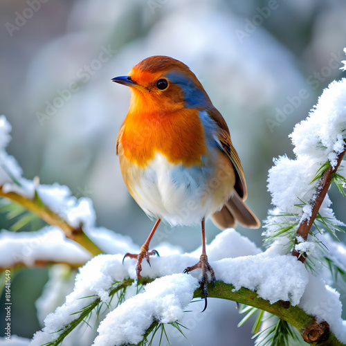 European robin in a snowy oak forest on a cold winter day with the first light of day © Ali