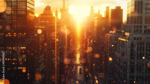 cityscape at sunset, with the sun casting a warm glow over the skyscrapers 