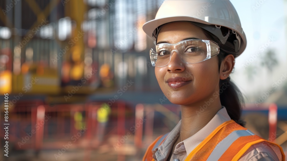 a young Indian female engineer with a warm smile, wearing safety glasses and a hard hat, a young Indian female engineer with a warm smile, wearing safety glasses and a hard hat,