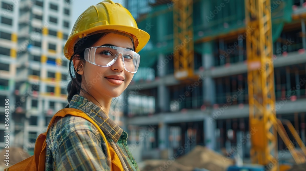 a young Indian female engineer with a warm smile, wearing safety glasses and a hard hat, a young Indian female engineer with a warm smile, wearing safety glasses and a hard hat,